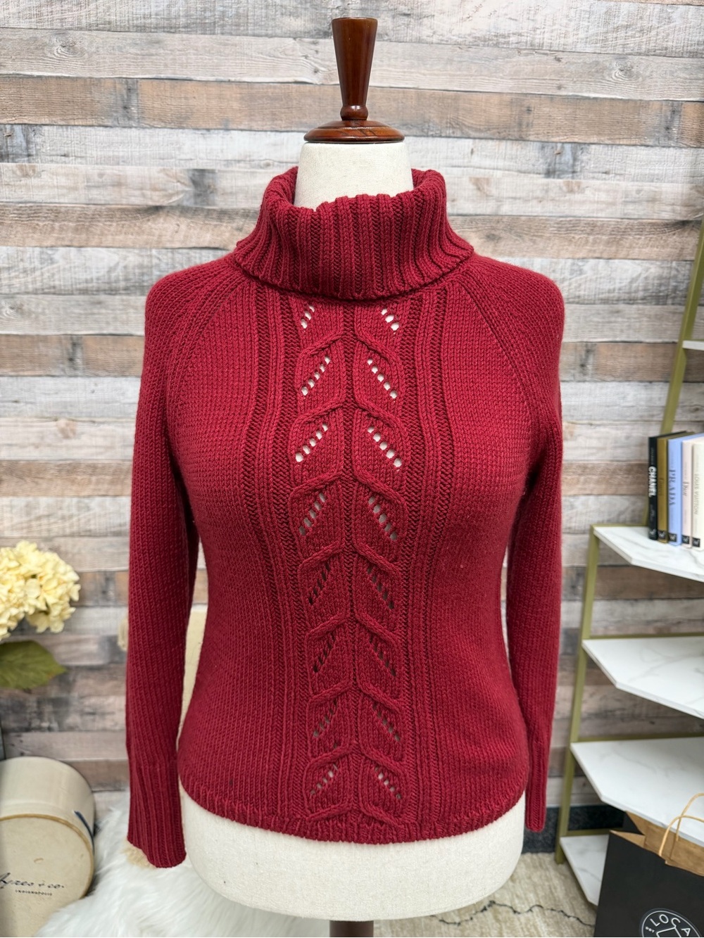 LOFT burgundy red cable knit turtleneck sweater medium